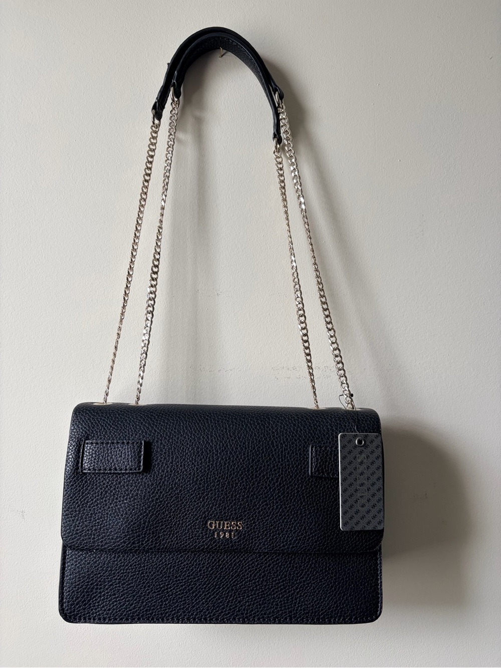 GUESS Black Pebbled Leather Crossbody with Silver Chain